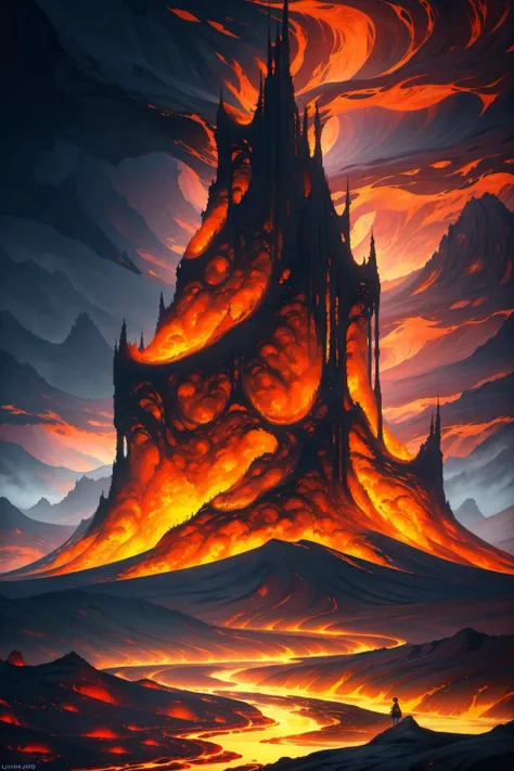 Molten, Lava, <lora:Molten-Fashion-V1:1>, A highly detailed anime illustration, landscape, vintage, dreamy, drawing, trending on artstation, UHD, (((by Quentin de Warren))):1.8, atmosphere, luminosity