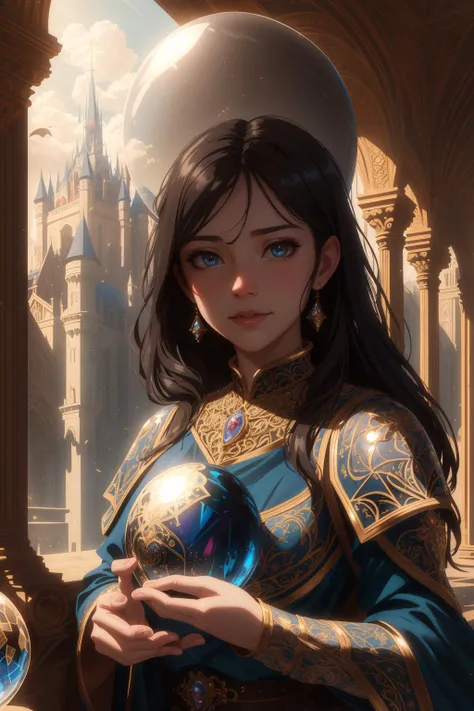 orb, <lora:Orbs-V1:1>, crystal ball, (masterpiece), (extremely intricate:1.3), (realistic), portrait of a girl, the most beautiful artwork in the world, (medieval armor), metal reflections, upper body, outdoors, intense sunlight, far away castle, professional oil painting of a stunning woman by Ed Blinkey and Atey Ghailan and Jeremy Mann and Greg Rutkowski, detailed, sharp focus, dramatic, award winning, matte drawing, cinematic lighting, octane render, unreal engine, volumetrics dtx