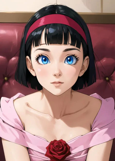 masterpiece, best quality, highest quality, photorealistic, perfect anatomy, perfect face, perfect eyes,
<lora:videldbspinkdress_ex_01:0.9>, videldbspinkdress, 1girl, solo, black hair, dress, blue eyes, hairband, short hair, pink dress, flower, rose, red hairband, elegant restaurant, sitting