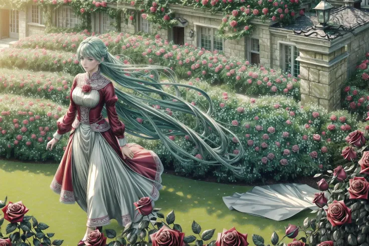 1girl, grey eyes , long aqua hair ,masterpiece, detailed shadows, detailed light, highly detailed, best quality, HD, 4K, high quality, <lora:add_detail:1>,add detail,half body,out door,roses,sunny,sunbeam,sunlight,rose,wind,holding a rose,aqua rose,detailed background,8k,HDR,RTX,red and white clothes,solo,mansion,fantasy