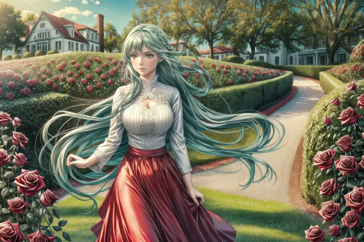 1girl, grey eyes , long aqua hair ,masterpiece, detailed shadows, detailed light, highly detailed, best quality, HD, 4K, high quality, <lora:add_detail:1>,add detail,half body,out door,roses,sunny,sunbeam,sunlight,rose,wind,holding a rose,aqua rose,detailed background,8k,HDR,RTX,red and white clothes,solo,mansion,fantasy