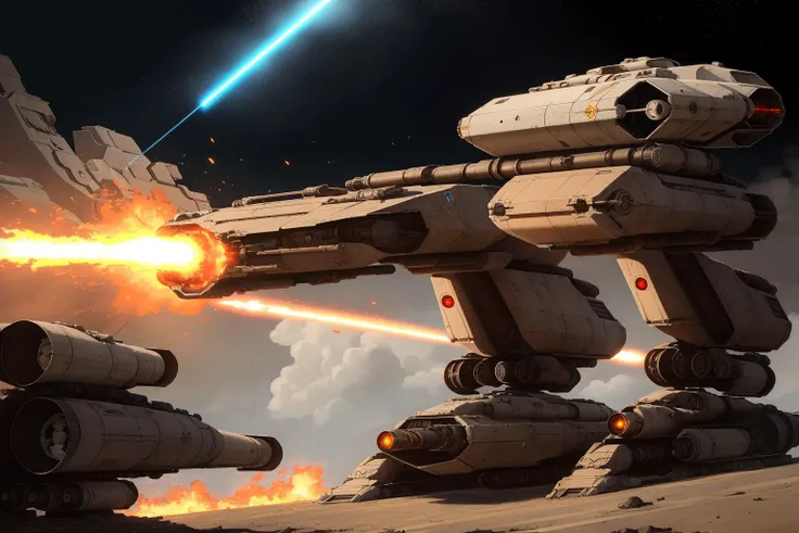 Vehicle, Landspeeder, <lora:Landspeeder-fc-v1:1>, masterpiece, best quality, mecha, no humans, black armor, blue eyes, science fiction, fire, laser canon beam, war, conflict, destroyed city background