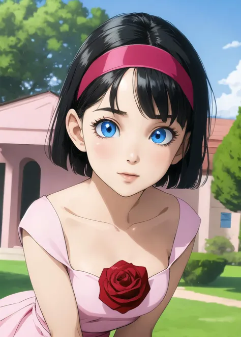 masterpiece, best quality, highest quality, photorealistic, perfect anatomy, perfect face, perfect eyes,
<lora:videldbspinkdress_ex_01:0.9>,  videldbspinkdress, 1girl, solo, black hair, dress, blue eyes, hairband, short hair, pink dress, flower, rose, red hairband, outdoors
