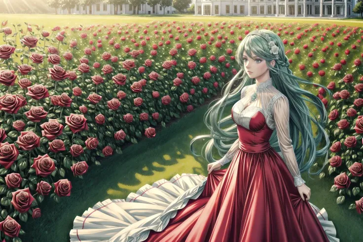 1girl, grey eyes , long aqua hair ,masterpiece, detailed shadows, detailed light, highly detailed, best quality, HD, 4K, high quality,  <lora:add_detail:1>,add detail,half body,out door,roses,sunny,sunbeam,sunlight,rose,wind,holding a rose,aqua rose,detailed background,8k,HDR,RTX,red and white clothes,solo,mansion,fantasy