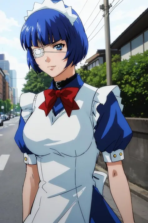 <lora:shimeiryomou-05:0.6>, ,((short hair, blue hair)), (slight smile),(eyepatch),closeup, portrait , shimeiryomou, a photo of a woman, blue dress, white apron, choker, maid headdress, thighhighs, walking, outdoors, city sidewalk, ((detailed eyes, detailed face))