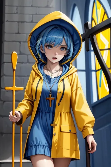 <lora:luce-02:0.6>, luce, a photo of a woman, ((detailed face, masterpiece, best quality, high resolution):1.2),((blue hair, short hair, hood, yellow raincoat, red dress, walking stick, cross necklace)), (pale skin), fighting demons, church in the background, cathedral in background, stained glass, angry, teeth