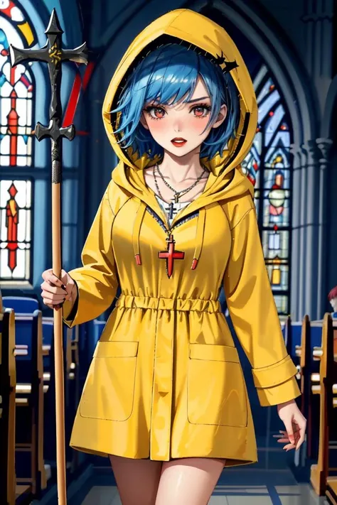 <lora:luce-02:0.6>, luce, a photo of a woman, ((detailed face, masterpiece, best quality, high resolution):1.2),((blue hair, short hair, hood, yellow raincoat, red dress, walking stick, cross necklace)), (pale skin), (red lipstick, blush, eyeliner, eye shadow), ((fighting demons, in a church, cathedral, stained glass, angry, teeth))