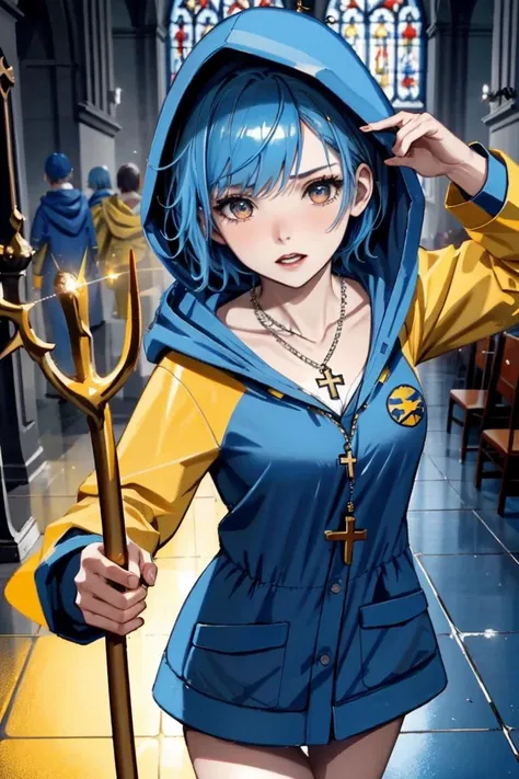 <lora:luce-02:0.6>, luce, a photo of a woman, ((detailed face, masterpiece, best quality, high resolution):1.2),((blue hair, short hair, hood, yellow raincoat, red dress, walking stick, cross necklace)), (pale skin), fighting demons, church in the background, cathedral in background, stained glass, angry, teeth