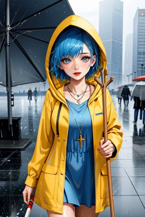 <lora:luce-02:0.6>, luce, a photo of a woman, ((detailed face, masterpiece, best quality, high resolution):1.2),((blue hair, short hair, hood, yellow raincoat, red dress, walking stick, cross necklace)), (pale skin), (red lipstick, blush, eyeliner, eye shadow), ((walking, detailed eyes, outdoors, majestic city, futuristic, scifi, sunrise, skyscrapers, rain, raining, wet hair, wet skin)),