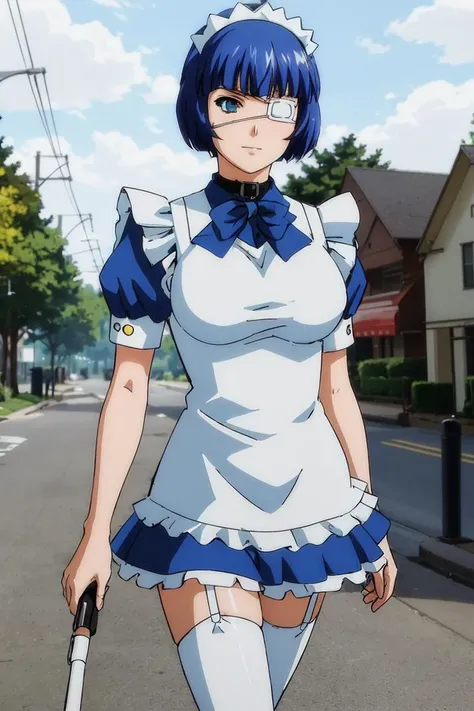 <lora:shimeiryomou-05:0.6>, ,((short hair, blue hair)), (slight smile),(eyepatch),closeup, portrait , shimeiryomou, a photo of a woman, blue dress, white apron, choker, maid headdress, thighhighs, walking, outdoors, city sidewalk, ((detailed eyes, detailed face))
