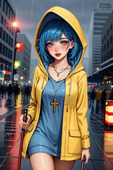 <lora:luce-02:0.6> , luce, a photo of a woman, ((detailed eyes, detailed face, masterpiece, best quality, high resolution):1.2), ((walking, outdoors, majestic city, futuristic, scifi, sunrise, skyscrapers, rain, raining, wet hair, wet skin)), ((blue hair, short hair, hood, yellow raincoat, red dress, walking stick, cross necklace)), (pale skin), (red lipstick, blush, eyeliner, eye shadow),
