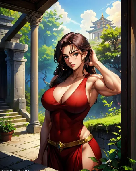 masterpiece, best quality, portrait of a 18yo woman , (lush overgrown temple:1.1) , color photo, cinematic, cinematic lighting, Muscular woman huge biceps huge muscles Huge Breasts, anime, gorgeous 18-year-old woman, perfect eyes, graceful, landscape shot, upper body, looking at viewer, standing, happy, enthusiastic