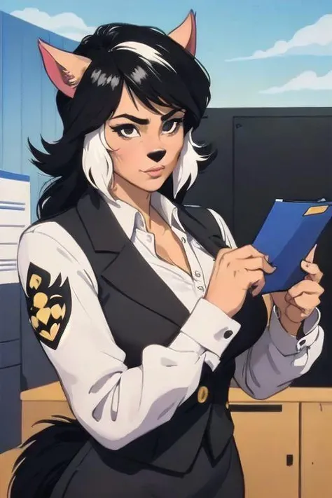 masterpiece, best quality, 1girl, solo, upper body, felinaferal, black eyes, shy, office lady, black suit, furry, ultradetailed, intricate details, cat tail, realistic, ((cartoon)), office,