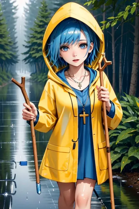 <lora:luce-02:0.6>, luce, a photo of a woman, ((detailed face, masterpiece, best quality, high resolution):1.2),((blue hair, short hair, hood, yellow raincoat, red dress, walking stick, cross necklace)), (pale skin), walking, detailed eyes, outdoors, forest, at night, rain, raining, wet hair, wet skin