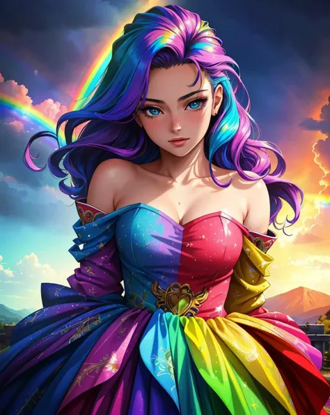 masterpiece, best quality, portrait of a 18yo woman , (vivid colors paint splashes rainbow theme:1.1) , color photo, cinematic, cinematic lighting, legenndary aged queen, anime, gorgeous 18-year-old woman, perfect eyes, graceful, landscape shot, upper body, looking at viewer, standing, happy, enthusiastic