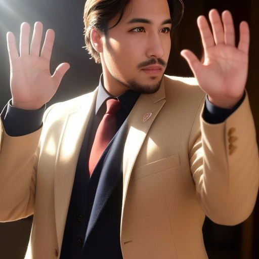 a handsome man waving hands, looking to left side, natural lighting, masterpiece