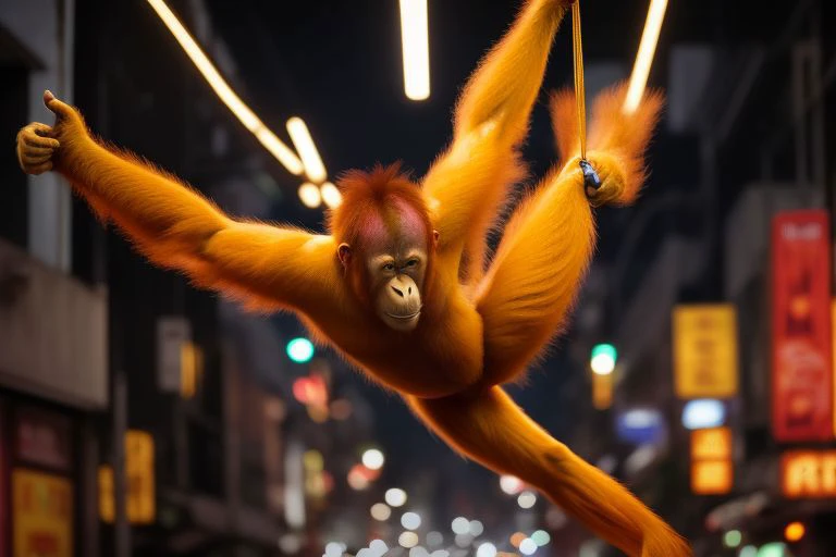 a yellow orangutan hanging on cables in a busy city street, highly detailed, photorealistic, 8K, cinematic lighting