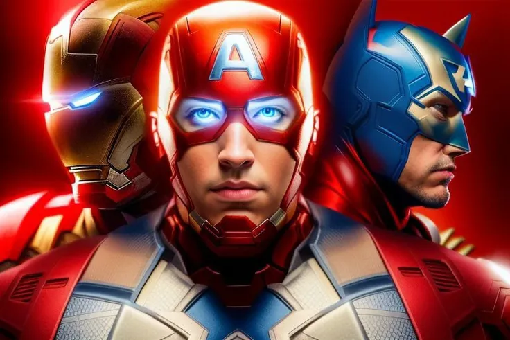 side view of Ironman and front view of Captain America and side view of Batman, rim lighting, masterpiece