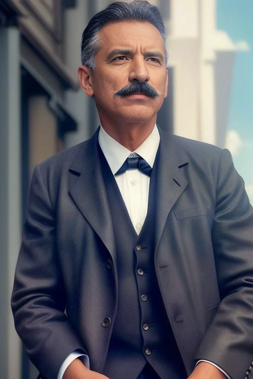 a man, 60 years old, mustache, short hair, dark hair, looking into the sky, wearing dark suit, highlights in hair, cinematic lighting, masterpiece
