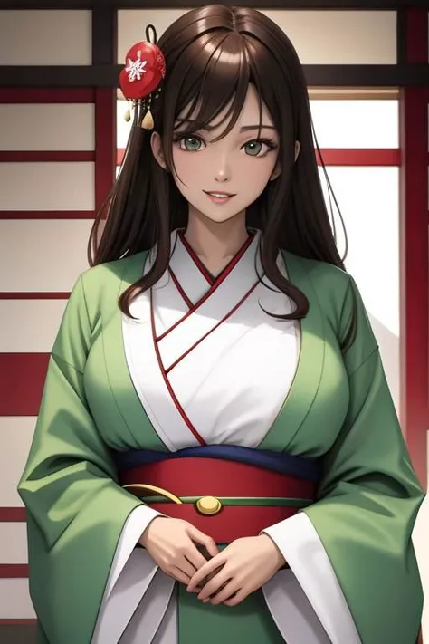 (super masuterpiece:1.3), (super top quality:1.3), (top image quality:1.3), (max resolution:1.2), 16K resolution, (Ultra HDTV:1.2), (amazing illustration), (depth of field), (intricate details), highly detailed eyes and skin, detailed facial features, highly detailed face and skin texture, top quality hair, accurate, anatomically correct, BREAK (1 adult woman, 35years old:1.3), (solo), (beautiful adult face:1.5), (slim body with perfect style), (beautiful shaped big breasts:1.3), (upturned breasts:1.3), glossy skin, BREAK (shiny light brown hair:1.2), long hair, BREAK (beautifully red eyes), ((long eyes:1.7)), ((sharp slanted eyes:1.6)), ((very sharp eyes:1.6)), ((super narrow eyes:1.7)), thin eyebrows, detailed double eyelids, (glossy thick lips), (light pink lipstick:0.9), BREAK (smilel:1.3), BREAK (clothes with extremely intricate and elaborate designs), (kimono:1.5), (white and green themed clothes:1.3), BREAK (You can see a Japanese garden with lots of snow falling from the Japanese-style room of a Japanese house), BREAK ((depth of field)), ((dynamic angle)), ((looking at viewer))