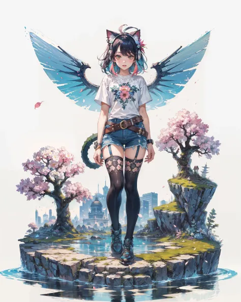//style
(Maximalism:1.3), vivid contrast, (steampunk:1.3), (gears:1.3),
(typography, lettering arts:1.2), (graffiti:1.5),
BREAK
//quality and character
realistic, super photo realistic illustration, highres, ultla detailed, absurdres,
(extremely beautiful lady standing on floating island:1.5),
(ultra detailed large cat ears:1.2),
(ultra detailed headphone, antenna hair:1.3),
long messy (colorful:1.3) hair, (flat chest:1.3), (upper body:1.2),
BREAK
//fashion
(ultra detailed embroidery t-shirt with frills and lace:1.3),
(ultra detailed embroidery knee high stocking:1.3),
(ultra detailed decorative earrings:1.2),
(ultra detailed denim short pants:1.4), (statement belt:1.3),
(tiny lace angel wings:1.3), (tiny lace demonic wings:1.3),
(decorated with many jewelries and gems:1.2),
(hair ornaments with flowers:1.3),
BREAK
//background
(white background:1.6), fine blue sky, detailed clouds,
(floating island:1.8), (flowers, moss, rocks, trees, tree roots:1.2),
flower petals, colorful flowers, (miniature garden:1.5), (miniature townscape:1.3),
vast landscape, (divided worlds:1.2),( mirage of expansive meadow:1.3),
spiral, (spiral staircase:1.8), DNA, gene, deoxyribonucleic acid, double helical structure,
water effects, water ripples,
BREAK