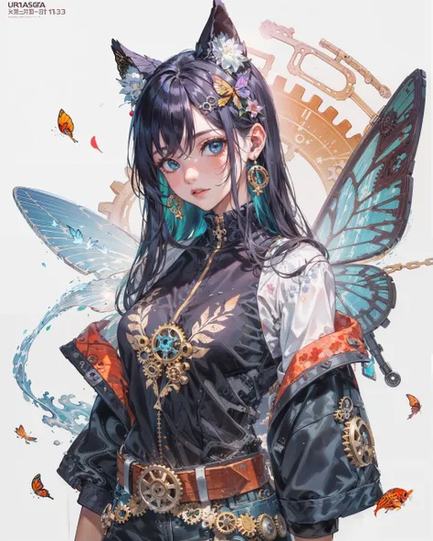 //style
(Maximalism:1.3), vivid contrast, (steampunk:1.8), (gears:1.6),
(typography, lettering arts:1.2), (graffiti:1.8),
BREAK
//quality and character
realistic, super photo realistic illustration, highres, ultla detailed, absurdres,
(extremely beautiful lady:1.5),
(ultra detailed large mechanical cat ears:1.2), (mecha:1.3),
(hair ornaments decorated with flowers ang gears:1.5),
long messy (colorful:1.3) hair, (flat chest:1.3), (upper body:1.5),
BREAK
//fashion
(ultra detailed embroidery t-shirt with frills and lace:1.3),
(ultra detailed embroidery knee high stocking:1.3),
(ultra detailed decorative earrings:1.2),
(statement belt:1.3),
((lace mechanical:1.5) butterfly wing:1.3),
(decorated with many jewelries and gems:1.2),
(hair ornaments with flowers:1.3),
BREAK
//background
(white background:1.5), fine blue sky, detailed clouds,
(glowing magic circles:1.5), (star trails:1.2),
flower petals, colorful flowers, (miniature garden:1.5),
vast landscape, (divided worlds:1.2),(mirage:1.3),
(turbulence:1.8), (vortex:1.5),
spiral, (spiral staircase:1.8), DNA, gene, deoxyribonucleic acid, double helical structure,
water effects, (water ripples:1.5),