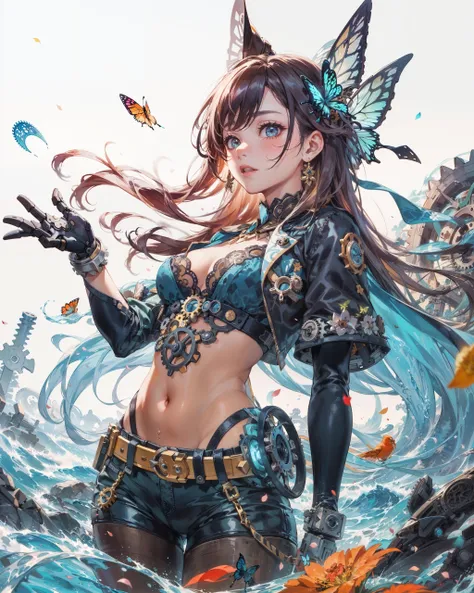 //style
(Maximalism:1.3), vivid contrast, (steampunk:1.8), (gears:1.6),
(typography, lettering arts:1.2), (graffiti:1.8),
BREAK
//quality and character
realistic, super photo realistic illustration, highres, ultla detailed, absurdres,
(extremely beautiful lady:1.5),
(ultra detailed large mechanical cat ears:1.2), (mecha:1.3),
(hair ornaments decorated with flowers ang gears:1.5),
long messy (colorful:1.3) hair, (flat chest:1.3), (upper body:1.5),
BREAK
//fashion
(ultra detailed embroidery t-shirt with frills and lace:1.3),
(ultra detailed embroidery knee high stocking:1.3),
(ultra detailed decorative earrings:1.2),
(statement belt:1.3),
((lace mechanical:1.5) butterfly wing:1.3),
(decorated with many jewelries and gems:1.2),
(hair ornaments with flowers:1.3),
BREAK
//background
(white background:1.5), fine blue sky, detailed clouds,
(glowing magic circles:1.5), (star trails:1.2),
flower petals, colorful flowers, (miniature garden:1.5),
vast landscape, (divided worlds:1.2),(mirage:1.3),
(turbulence:1.8), (vortex:1.5),
spiral, (spiral staircase:1.8), DNA, gene, deoxyribonucleic acid, double helical structure,
water effects, (water ripples:1.5),
BREAK