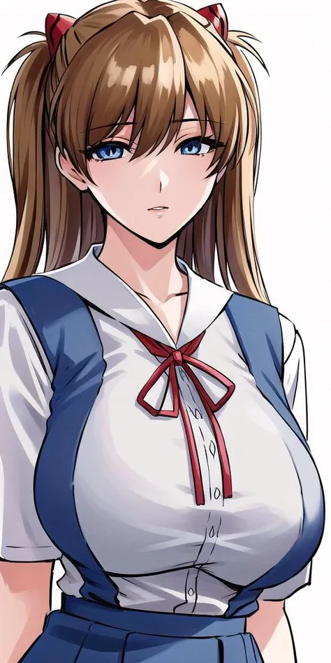 <lora:SouryuuAsukaLangleyV2:0.7> souryuuasukalangley, huge_breasts, standing, solo, White_shirt_Blue_Suspender_skirt_School_Uniform_Red_ribbon, masterpiece, best quality, detailed face, detailed eyes, highres,
