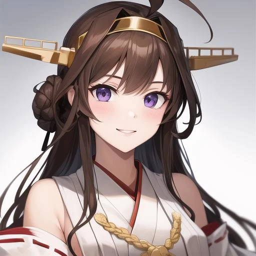 (masterpiece, best quality:1.2),illustration,8k,hd,1girl,solo,upper body,(portrait:1.2),brown_hair,long_hair,ahoge,hairband,hair_bun,double_bun,headgear,smile,nontraditional_miko,purple_eyes,detached_sleeves,japanese_clothes,ribbon-trimmed_sleeves,ribbon_trim,<lora:Kongo(kan)>,