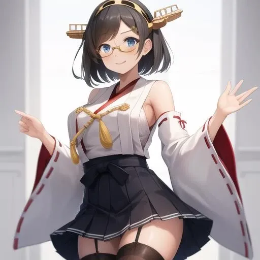 (masterpiece, best quality:1.2),illustration,8k,hd,1girl,solo,cowboy shot,kirishima (kancolle),short hair,skirt,black hair,glasses,ribbon-trimmed sleeves,detached sleeves,ribbon trim,green-framed eyewear,yellow eyes,smile,hair ornament,thighhighs,headgear,black skirt,japanese clothes,hairband,nontraditional miko,breasts,pleated skirt,wide sleeves,<lora:Kirishima(kan)>,