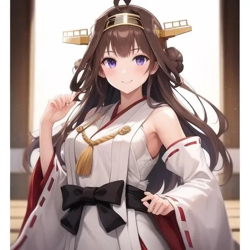 (masterpiece, best quality:1.2),illustration,8k,hd,1girl,solo,cowboy shot,brown_hair,long_hair,ahoge,hairband,hair_bun,double_bun,headgear,smile,nontraditional_miko,purple_eyes,detached_sleeves,japanese_clothes,ribbon-trimmed_sleeves,ribbon_trim,<lora:Kongo(kan)>,