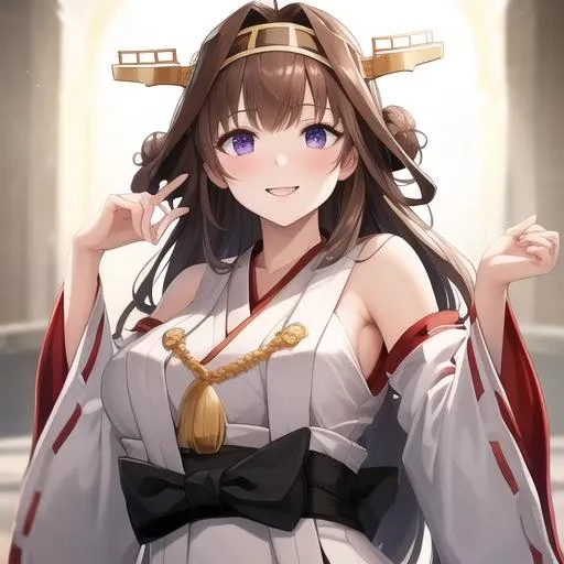 (masterpiece, best quality:1.2),illustration,8k,hd,1girl,solo,cowboy shot,brown_hair,long_hair,ahoge,hairband,hair_bun,double_bun,headgear,smile,nontraditional_miko,purple_eyes,detached_sleeves,japanese_clothes,ribbon-trimmed_sleeves,ribbon_trim,<lora:Kongo(kan)>,