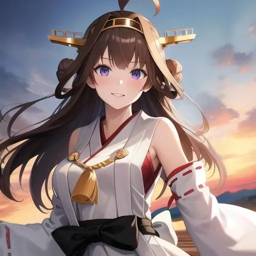(masterpiece, best quality:1.2),illustration,8k,hd,1girl,solo,cowboy shot,brown_hair,long_hair,ahoge,hairband,hair_bun,double_bun,headgear,smile,nontraditional_miko,purple_eyes,detached_sleeves,japanese_clothes,ribbon-trimmed_sleeves,ribbon_trim,<lora:Kongo(kan)>,