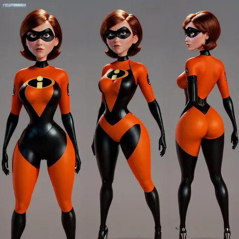 (multiple views:1.1), <lyco:multiple views:1.1>, photo of a helenparr, <lora:helen:0.6>, 1girl, solo, short hair, brown hair, gloves, brown eyes, bodysuit, mask, superhero, domino mask, standing, hourglass figure, simple background