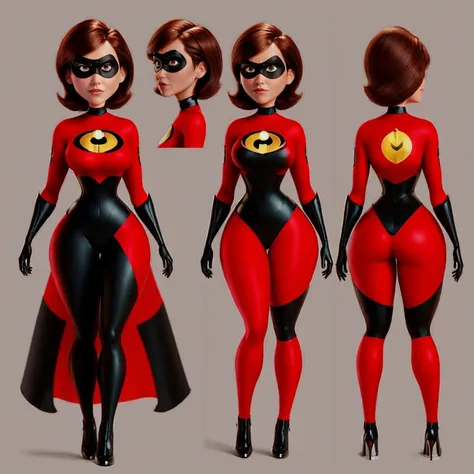 (multiple views:1.1), <lyco:multiple views:1.1>, photo of a helenparr, <lora:helen:0.6>, 1girl, solo, short hair, brown hair, gloves, brown eyes, bodysuit, mask, superhero, domino mask, standing, hourglass figure, simple background