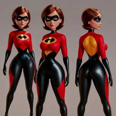 (multiple views:1.1), <lyco:multiple views:1.1>, photo of a helenparr, <lora:helen:0.6>, 1girl, solo, short hair, brown hair, gloves, brown eyes, bodysuit, mask, superhero, domino mask, standing, hourglass figure, simple background