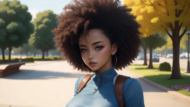 1girl, Park, detailed background, Original Character, best quality, (masterpiece:1.3), highres, (silicone implants:1.1), narrow waist, huge afro, dark blue hair, Dark Blue eyes, mature female, (portrait:1.1), :q, Peplum top, Denim skirt, wet clothes