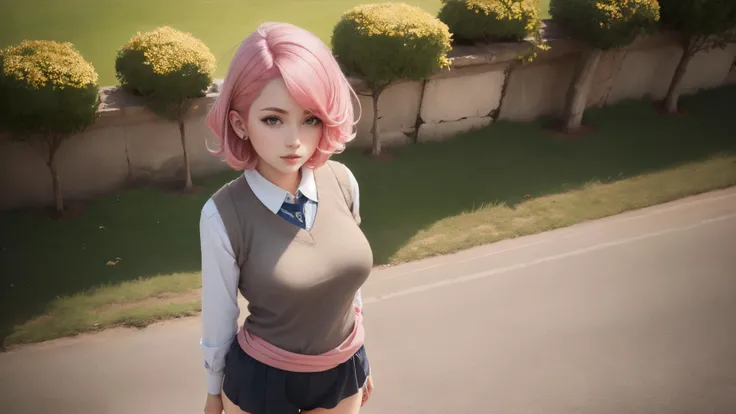 1girl, plateau, detailed background, Original Character, best quality, (masterpiece:1.3), highres, (natural breasts:1.1), narrow waist, pageboy haircut, pink hair, Gray eyes, mature female, (from above:1.1), Sophisticated, Sweater Vest, sports bloomers, thong
