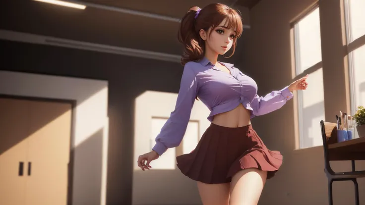 1girl, Dance studio, detailed background, Original Character, best quality, (masterpiece:1.3), highres, (Medium breasts:1.1), narrow waist, folded ponytail, brown hair, Violet eyes, mother, (full body:1.1), Loving, blouse, Pleated skirt, undressing