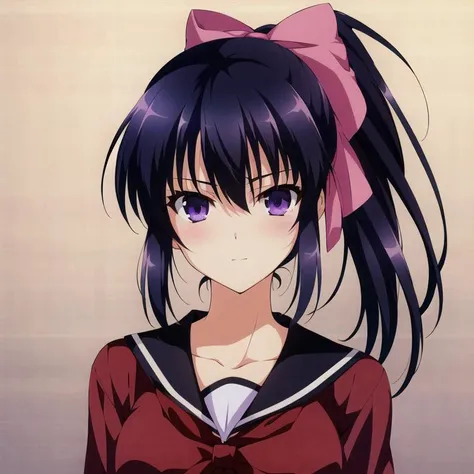 Solo, 1girl, portrait, Black hair, purple eyes, very long hair, high ponytail, long ponytail, hair bow, pink bow, big hair, red shirt, sailor shirt, bangs, sidelocks, OmaHimaStyle, <lora:OmaHimaStyle:1>,