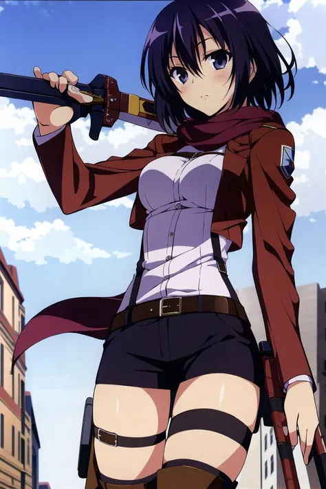 MIKASA ACKERMAN, scarf, paradis military uniform, 1girl, red scarf, jacket, boots, solo, three-dimensional maneuver gear, short hair, black hair, emblem, weapon, thigh strap, sword, knee boots, long sleeves, open clothes, open jacket, outdoors, military school, holding, white shirt, brown jacket, belt, building, pants, gray eyes, uniform, looking at viewer, breasts, brown footwear, medium breasts, hair between eyes, standing, OmaHimaStyle, <lora:OmaHimaStyle:1>, <lora:mikasaAckermanLora_offset:0.75>