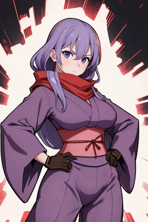 masterpiece, best quality, woman, solo, standing, <lora:yukano-ns-richy-v1:1> yukanodef, japanese clothes, scarf, gloves, sash, hands on hips,