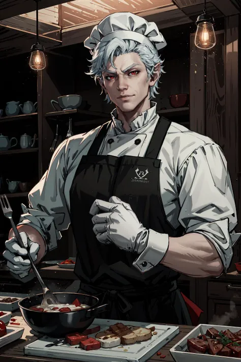 (highres,absurdres,incredibly absurdres,huge filesize,Volumetric Lighting,moody lighting),
AstarionNewBG, 1boy, white hair, red eyes, vampire, smirk, cooking, chef, chef hat, chef uniform, mittens,  <lora:AstarionNewBG:0.6>