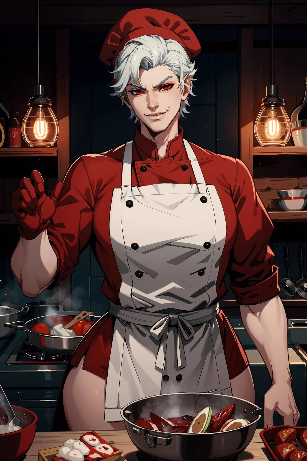 (highres,absurdres,incredibly absurdres,huge filesize,Volumetric Lighting,moody lighting),
AstarionNewBG, 1boy, femboy, otoko no ko, curvy, white hair, red eyes, vampire, smirk, cooking, chef, chef hat, female chef uniform, mittens, <lora:AstarionNewBG:0.5> <lora:CFemboy:0.7>