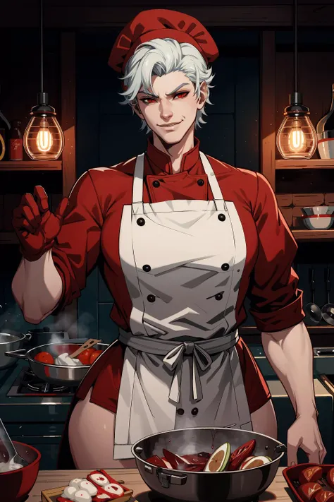 (highres,absurdres,incredibly absurdres,huge filesize,Volumetric Lighting,moody lighting),
AstarionNewBG, 1boy, femboy, otoko no ko, curvy, white hair, red eyes, vampire, smirk, cooking, chef, chef hat, female chef uniform, mittens,  <lora:AstarionNewBG:0.5> <lora:CFemboy:0.7>