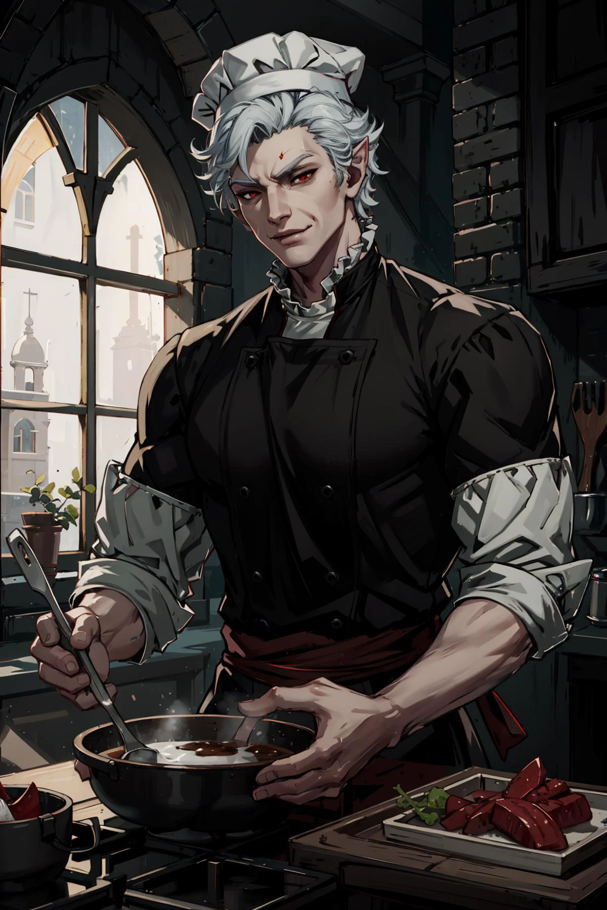 (highres,absurdres,incredibly absurdres,huge filesize,Volumetric Lighting,moody lighting),
AstarionNewBG, 1boy, mature male, white hair, red eyes, vampire, smirk, cooking, chef, chef hat, chef uniform, mittens, <lora:AstarionNewBG:0.7>