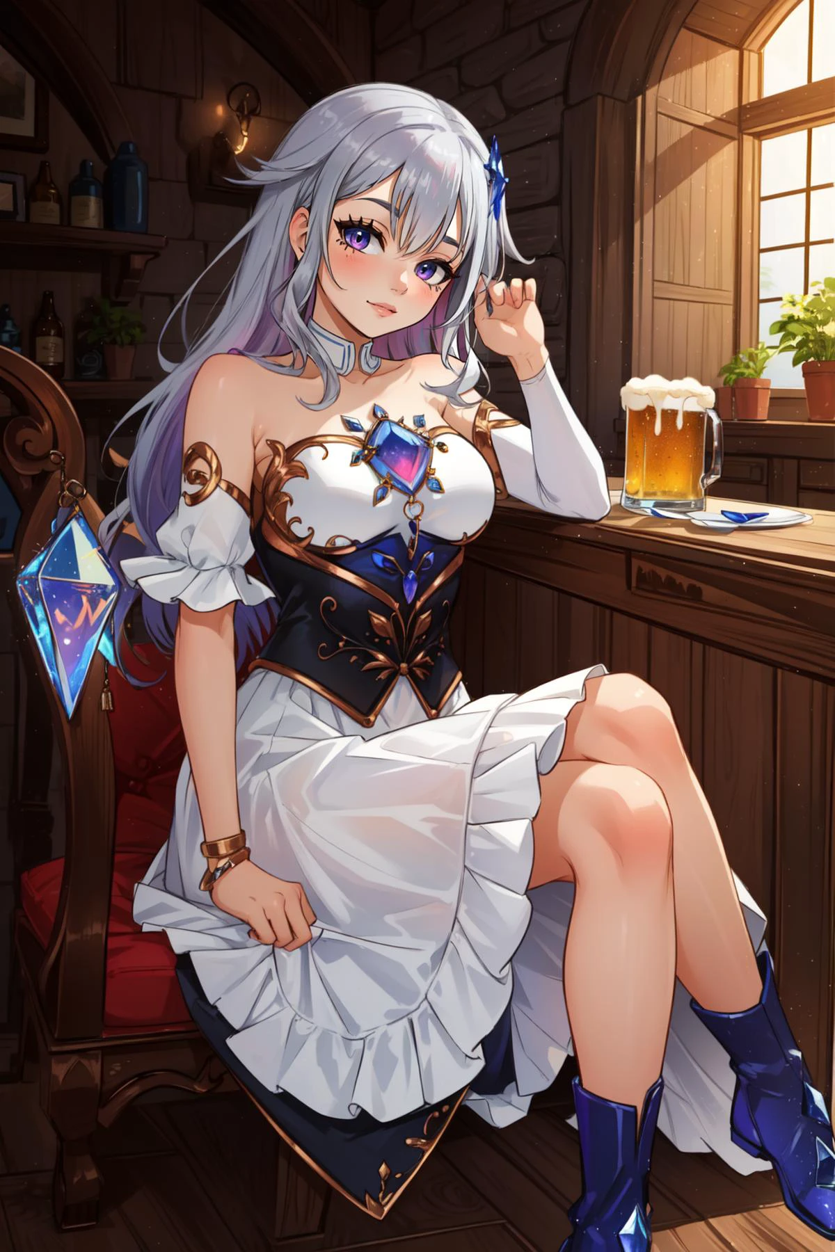 (masterpiece, best quality), intricate details,
1girl, <lora:KitsuneAi-KosekiBijou-LoCon32-V0_5-000008:0.8> koseki bijou, white dress, detached sleeves, bare shoulders, wings, strapless, crystal, collarbone, short sleeves, white sleeves, strapless dress, boots
indoors, sitting on chair, tavern, mug of ale, beer, food on platter, medieval, fantasy,