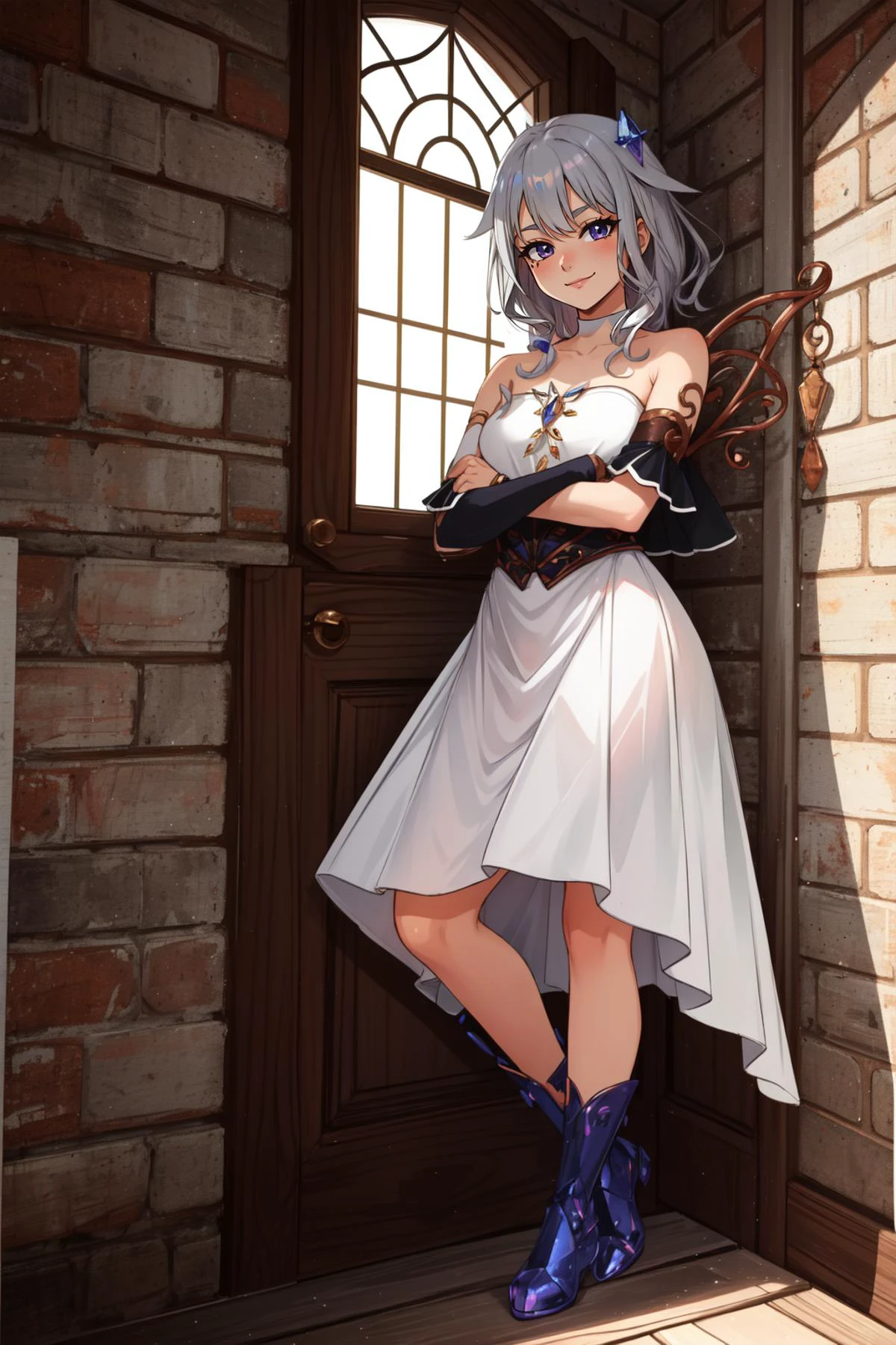 (masterpiece, best quality), intricate details,
1girl, <lora:KitsuneAi-KosekiBijou-LoCon32-V0_5-000008:0.8> koseki bijou, white dress, detached sleeves, bare shoulders, wings, strapless, crystal, collarbone, short sleeves, white sleeves, strapless dress, boots
leaning against wall, indoors, smug, smirk,