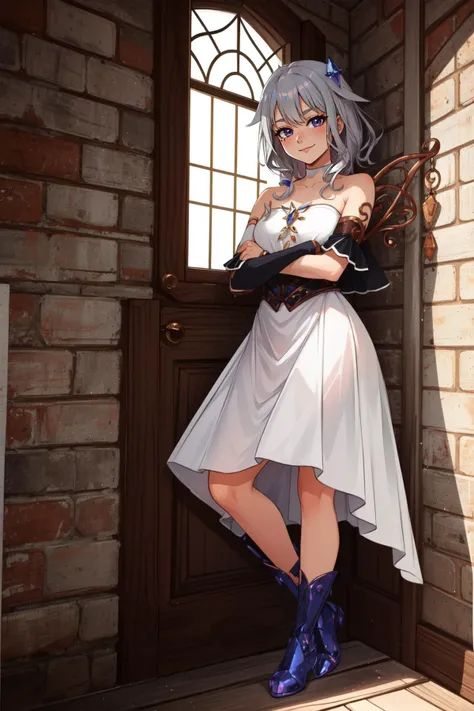 (masterpiece, best quality),  intricate details,
1girl,     <lora:KitsuneAi-KosekiBijou-LoCon32-V0_5-000008:0.8> koseki bijou, white dress, detached sleeves, bare shoulders, wings, strapless, crystal, collarbone, short sleeves, white sleeves, strapless dress, boots
leaning against wall, indoors, smug, smirk,