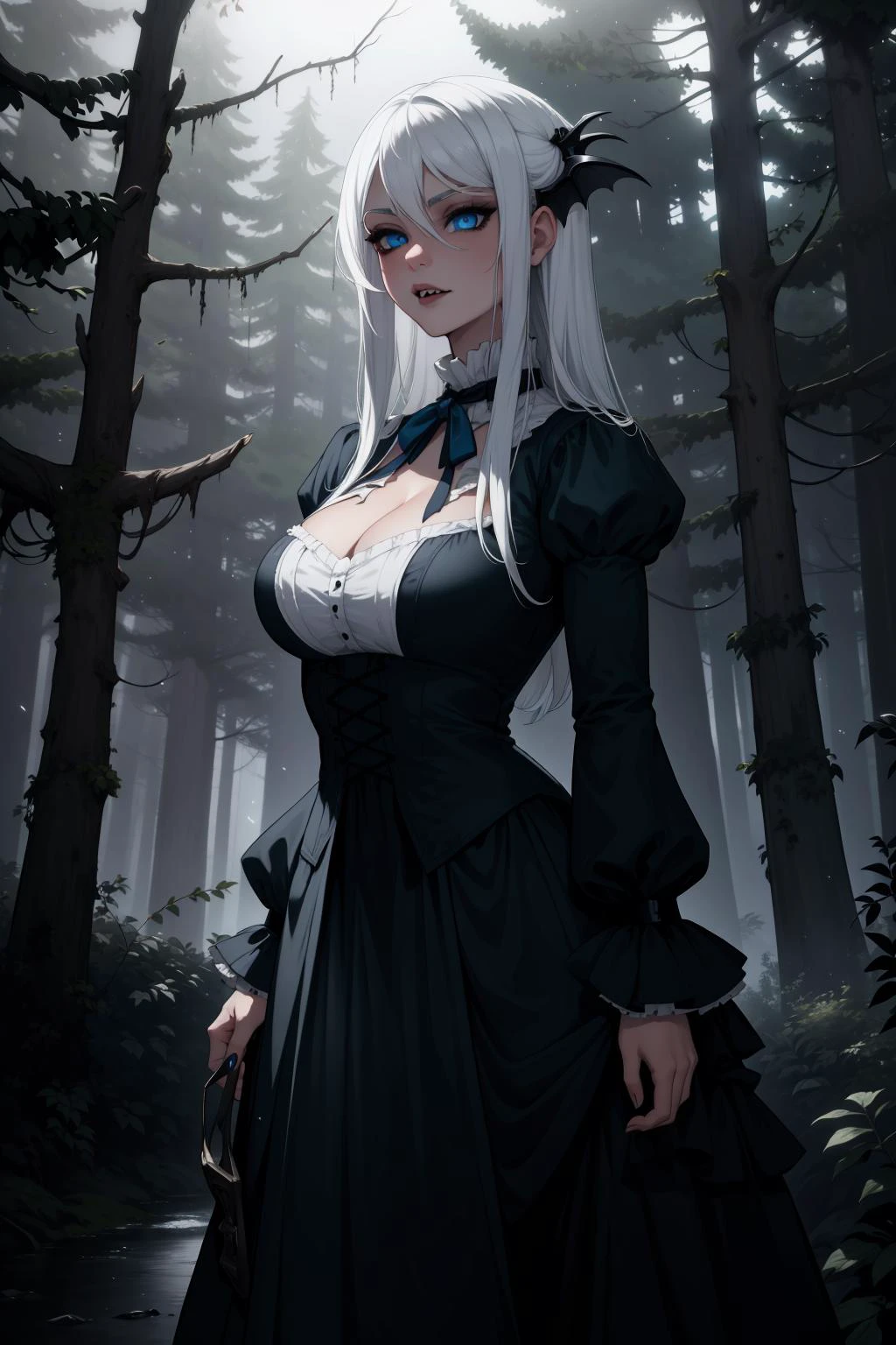 (highres,absurdres,incredibly absurdres,huge filesize,Volumetric Lighting,moody lighting),
(forest, fog, night),
(1girl, vampire, victorian dress, white hair, blue eyes),